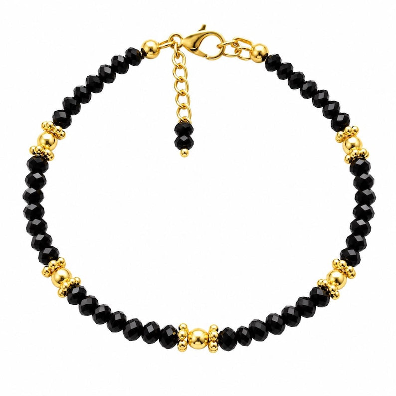 Black Spinel Gemstone Bracelet, Gold Beaded, Minimalist Jewelry, Adjustable Chain