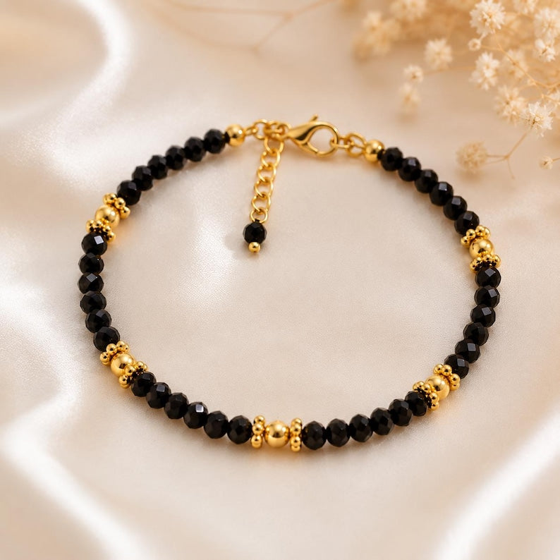 Black Spinel Gemstone Bracelet, Gold Beaded, Minimalist Jewelry, Adjustable Chain