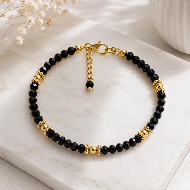 Black Spinel Gemstone Bracelet, Gold Beaded, Minimalist Jewelry, Adjustable Chain