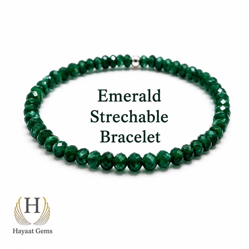 Faceted Emerald Beads Bracelet: Handmade Gemstone Stretch Bracelet
