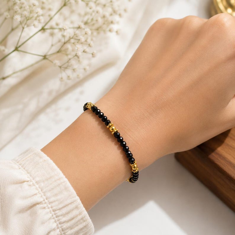Black Spinel Gemstone Bracelet, Gold Beaded, Minimalist Jewelry, Adjustable Chain